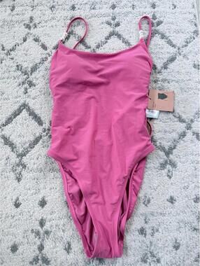 New with tags Shade & Shore Pink One Piece Swimsuit Pearl Strap High Leg Cheeky